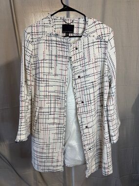 Banana Republic White Tweed Coat with Navy & Red Windowpane PTP 19 1/2